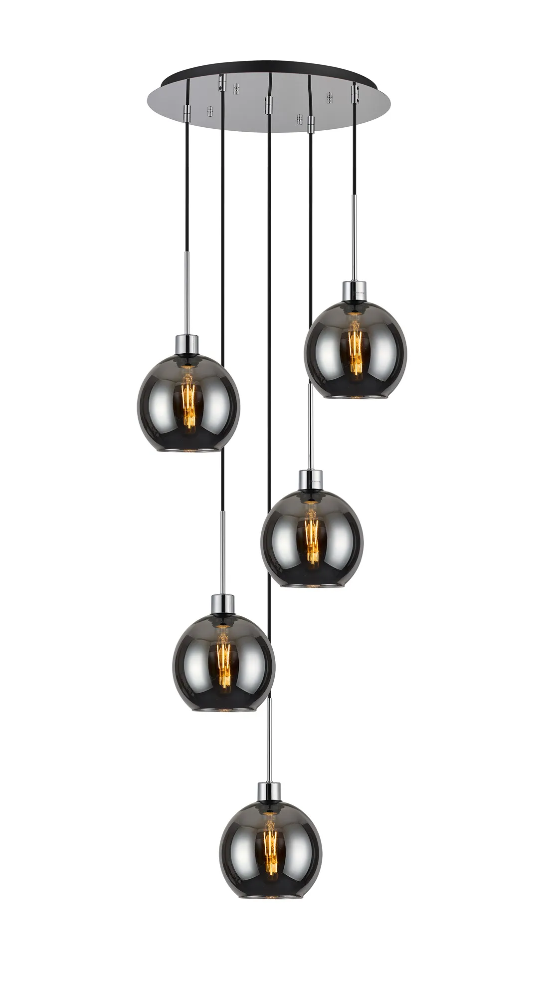 DK1285  Lori 45cm Round Pendant, 5 Light Adjustable E27, Polished Chrome/Chrome Open Mouth Round Globe Shades
